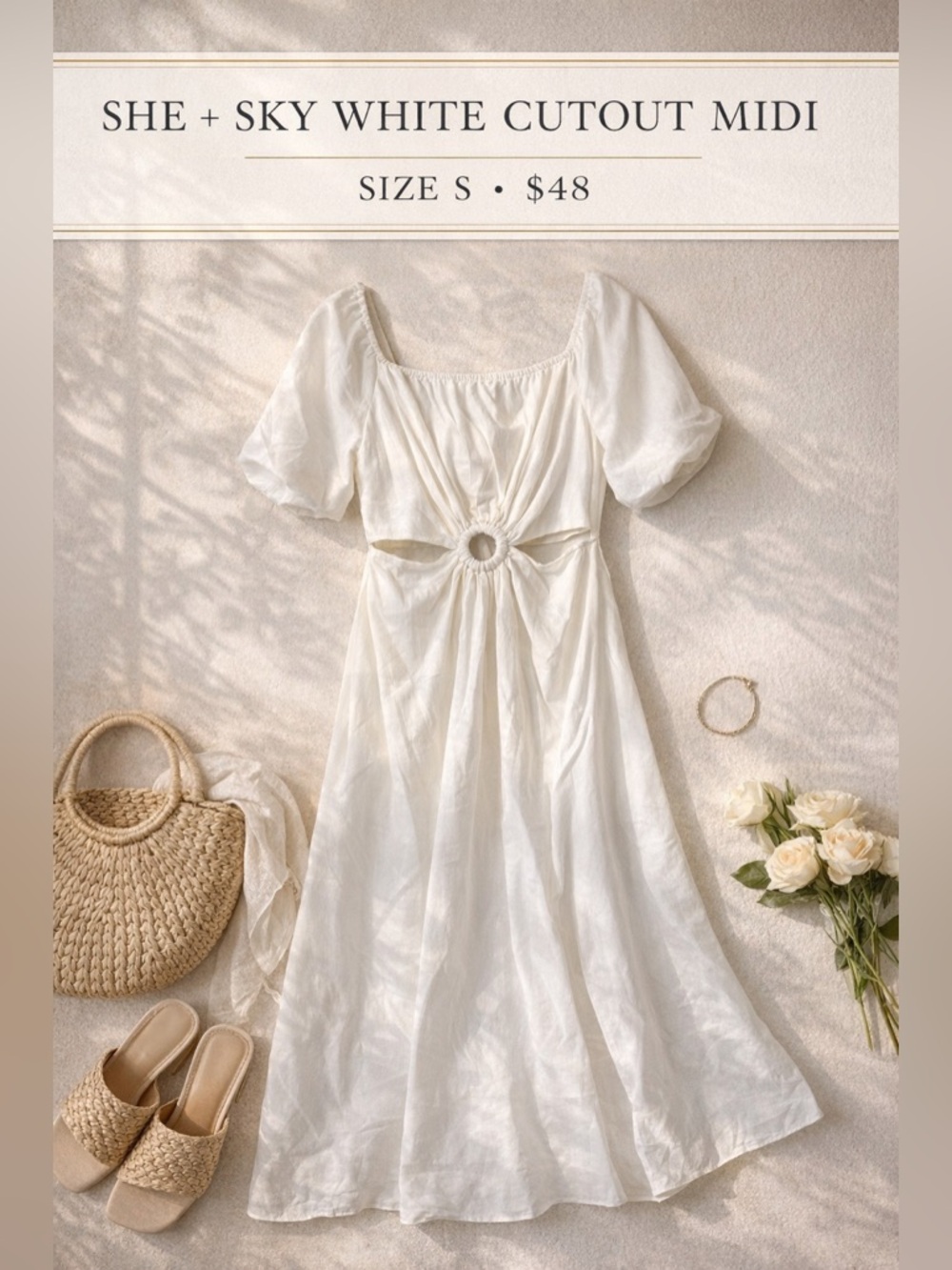 She + Sky White Cutout Waist Midi Dress Size S